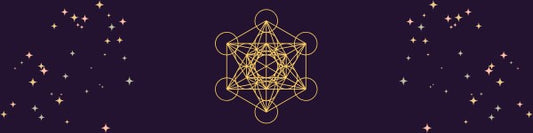 gold metatron's cube with gold stars on a purple background