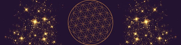 purple rectangle with round flower of life symbol in the centre in gold and gold stars at the edges