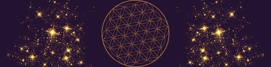 purple rectangle with round flower of life symbol in the centre in gold and gold stars at the edges