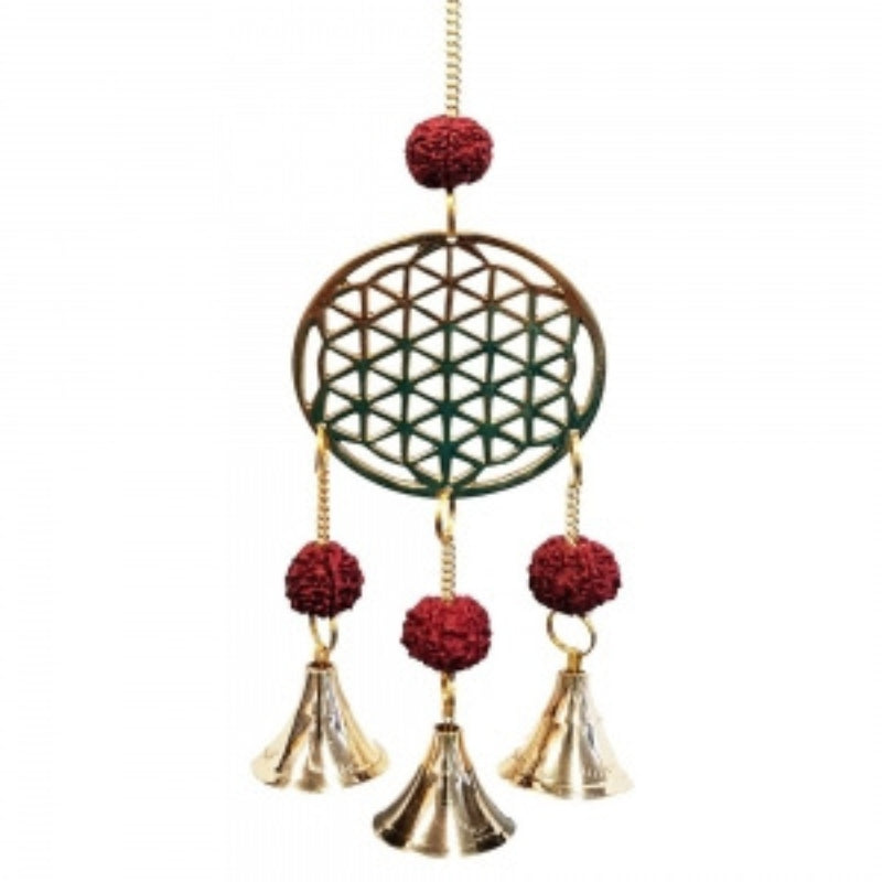15 cm Flower of Life Hanging Bells with Rudraksha- Wind Chimes/ Protective Ward