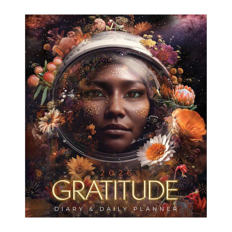 2026 Gratitude diary cover with a woman's face surrounded by flowers and celestial elements.