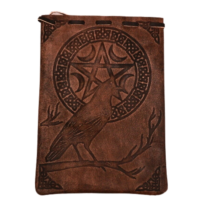 leather tarot bag with raven and pentacle on front