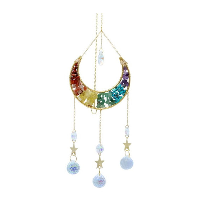 moon shaped sun catcher with coloured crystals and beads