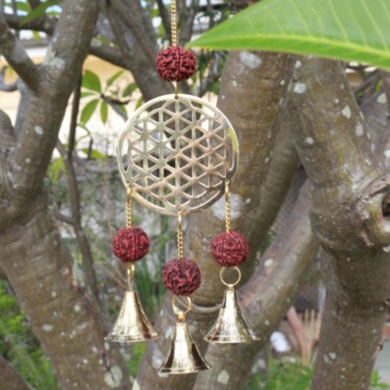 15 cm Flower of Life Hanging Bells with Rudraksha- Wind Chimes/ Protective Ward