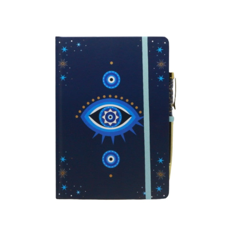 Notebook with blue eye design on a dark blue background