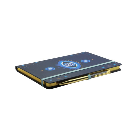 Notebook with a blue cover and gold accents on a white background