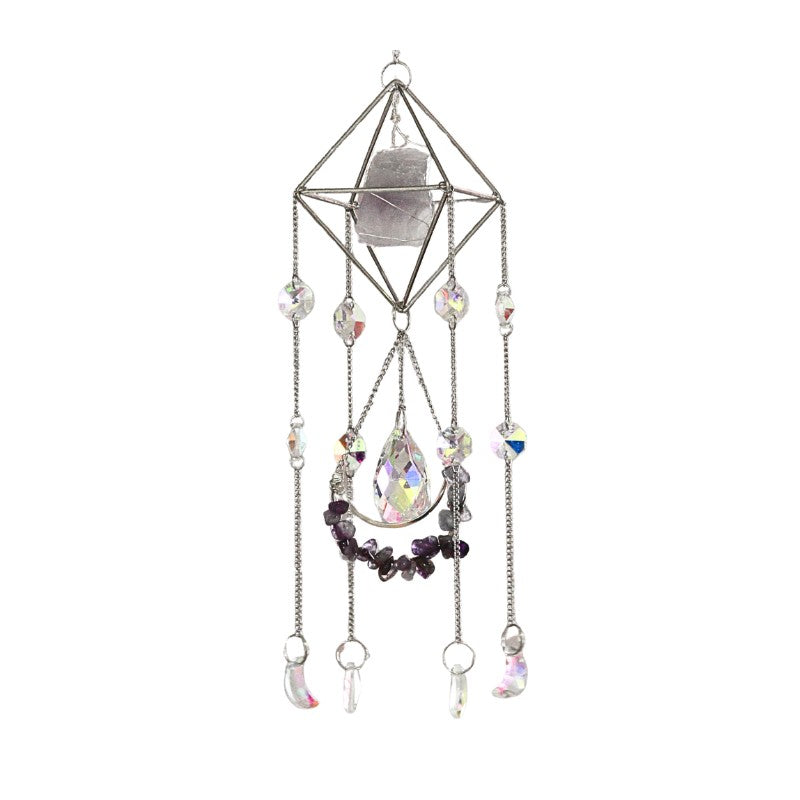 Decorative hanging crystal mobile with geometric design on a white background
