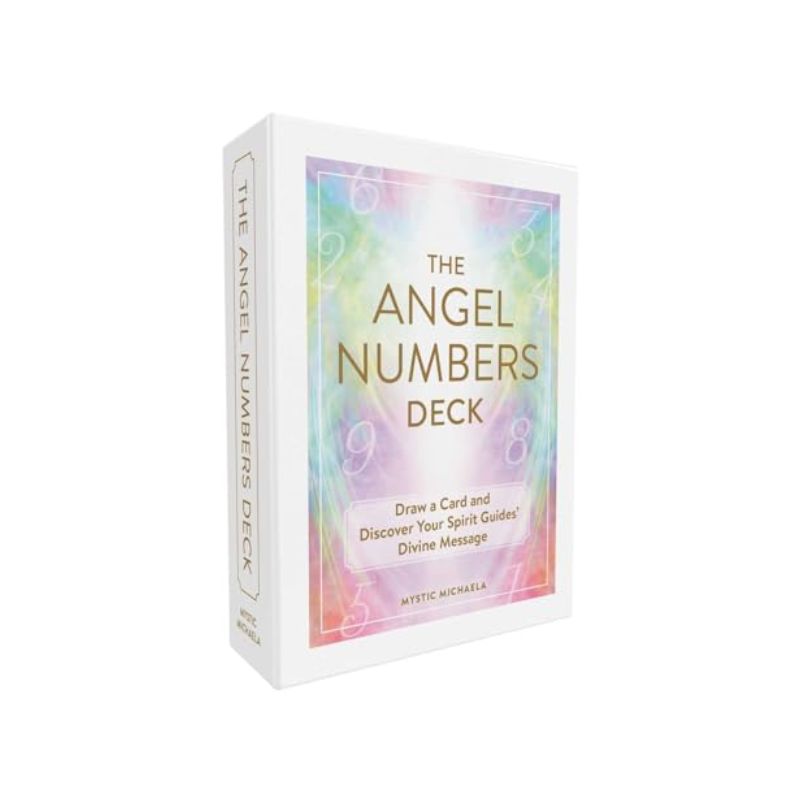 The Angel Numbers Deck by Mystic Michaela in a white box with pastel rainbow artwork, faint numerals and gold lettering.