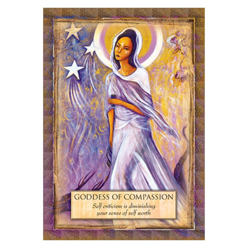 card from the Angels Gods & Goddesses Oracle Deck featuring a woman dressed in a purple dress with stars in the background