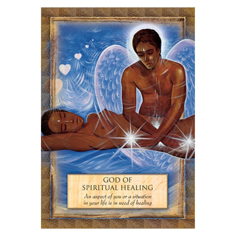 card from the Angels Gods & Goddesses Oracle Deck featuring a male angel performing healing on a woman