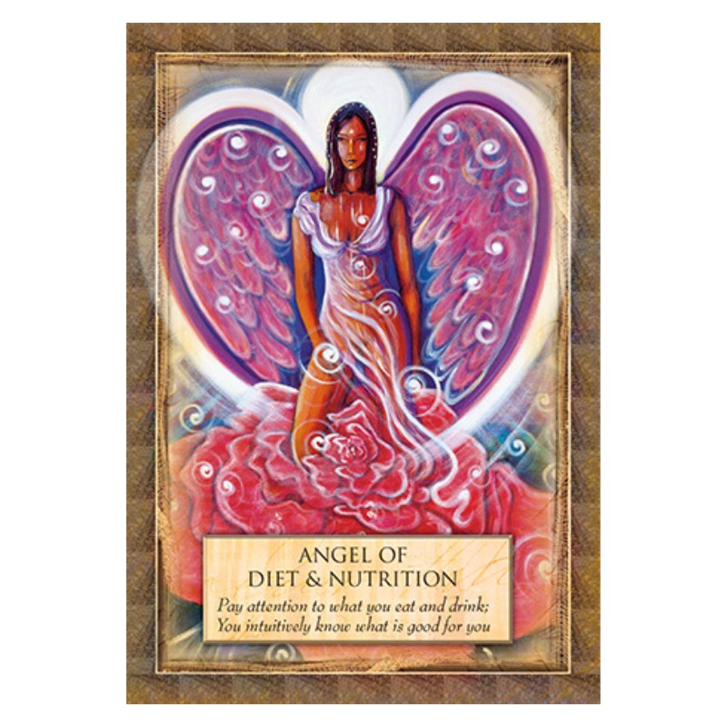 card from the Angels Gods & Goddesses Oracle Deck featuring an angel dressed in pink with pink wings standing in the centre of a flower