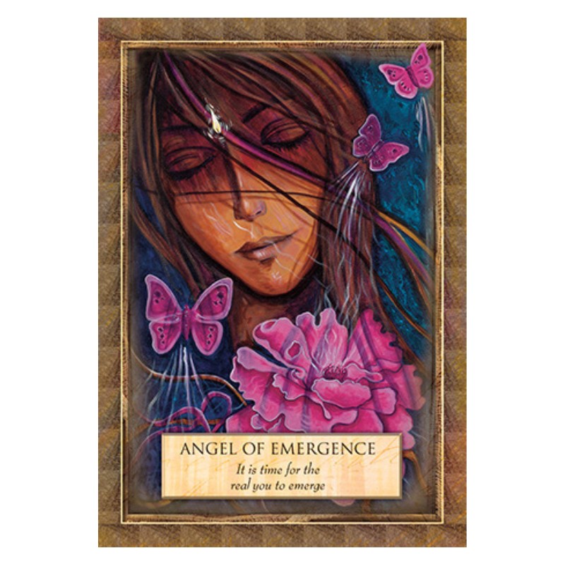 card from the Angels Gods & Goddesses Oracle Deck featuring the face of a woman with pink butterflies and pink flower in the foreground