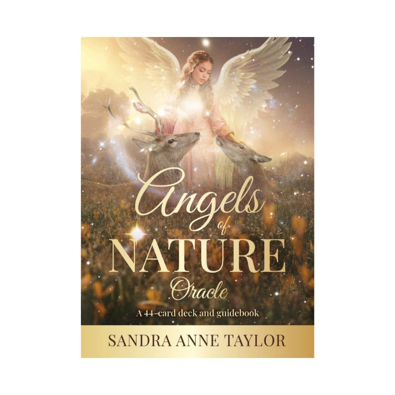 Angels of Nature Oracle by Sandra Anne Taylor, featuring a white-winged angel with two deer amid glowing golden light and meadow flowers.