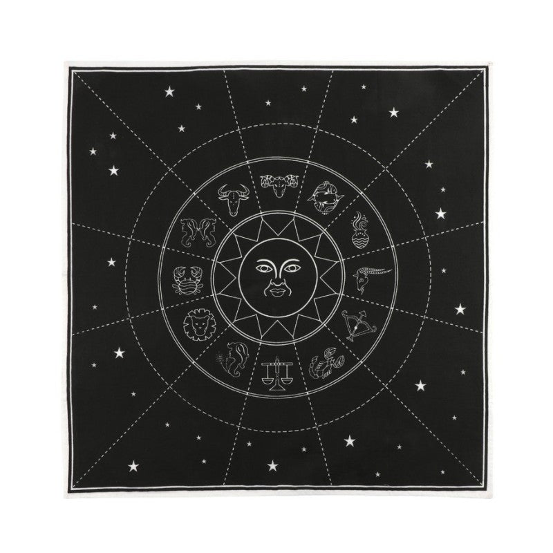 Black square mat with star patterns and zodiac symbols on a white background