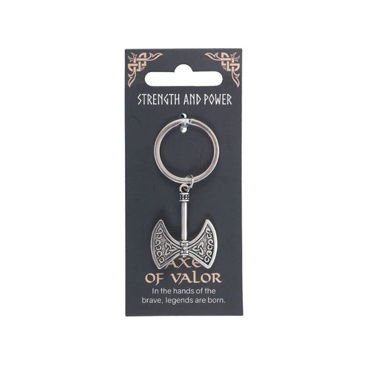 Keychain with axe design on a black card labeled 'Strength and Power Of Valor' on a white background