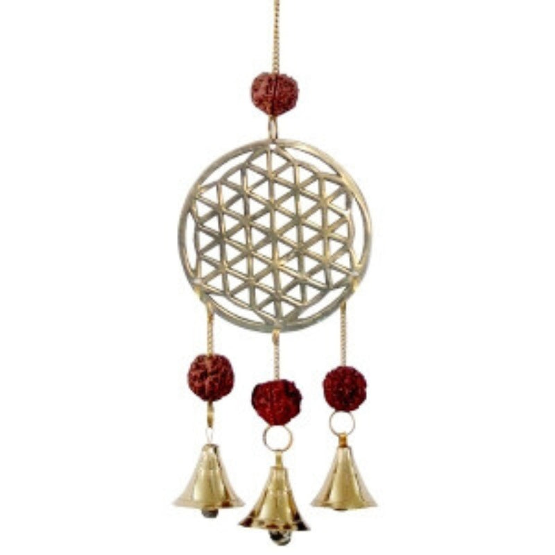28cm Flower of Life Hanging Bells with Rudraksha- Wind Chimes/ Protective Ward