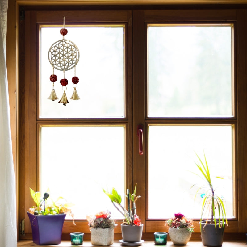 28cm Flower of Life Hanging Bells with Rudraksha- Wind Chimes/ Protective Ward