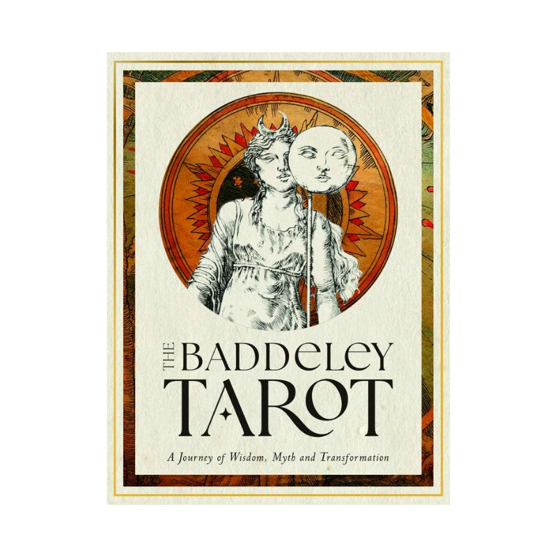 tarot deck cover of 'The Baddeley Tarot' with a stylized illustration of a figure holding a moon symbol.