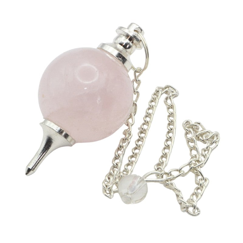 Pink crystal pendulum with silver chain on a white background