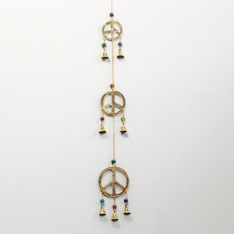hanging brass bells with triple peace sign