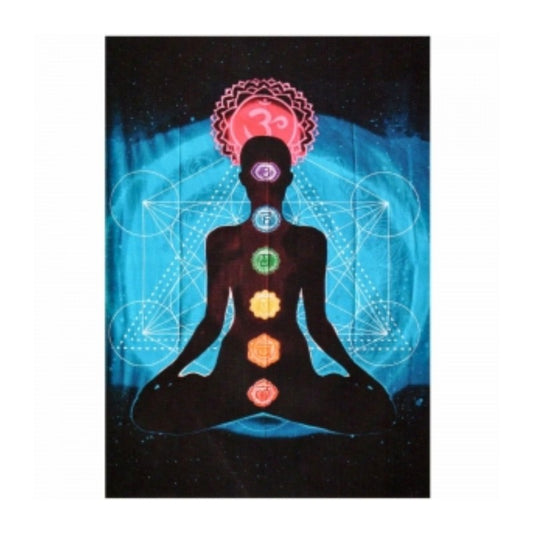 Silhouette of a person in meditation with chakra symbols on a blue and black background