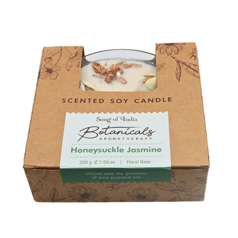 Scented soy candle in a cardboard box with Botanicals Aromatherapy branding.