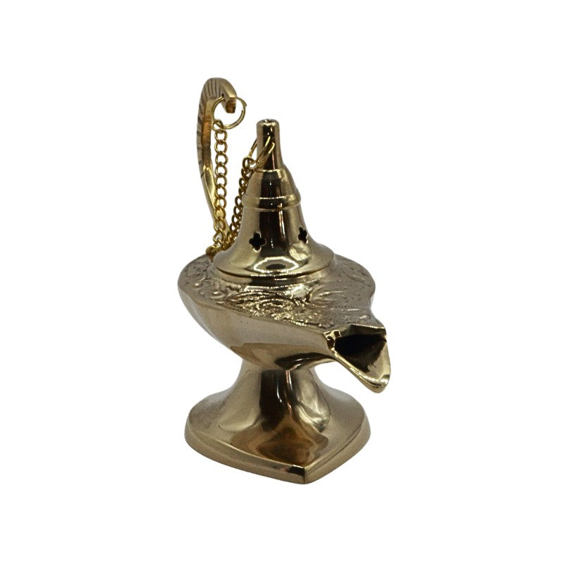 Gold-colored Brass incense burner with chain on a white background