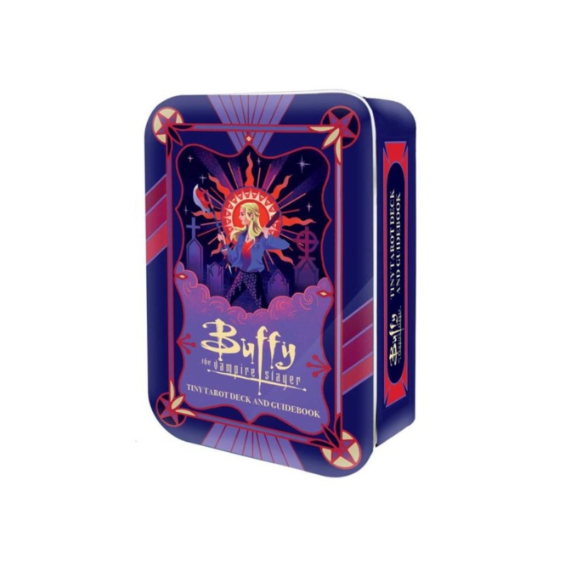 Tin box for 'Buffy the Vampire Slayer' Tiny Tarot Deck and Guidebook with colorful design.