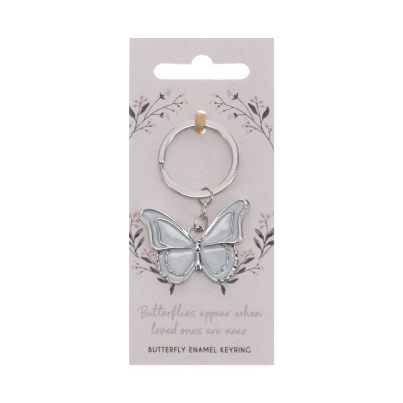 Butterfly keyring on a decorative card with floral elements