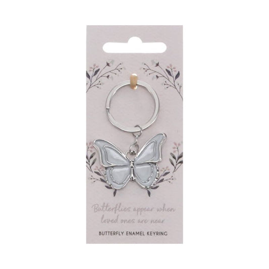 Butterfly keyring on a decorative card with floral elements