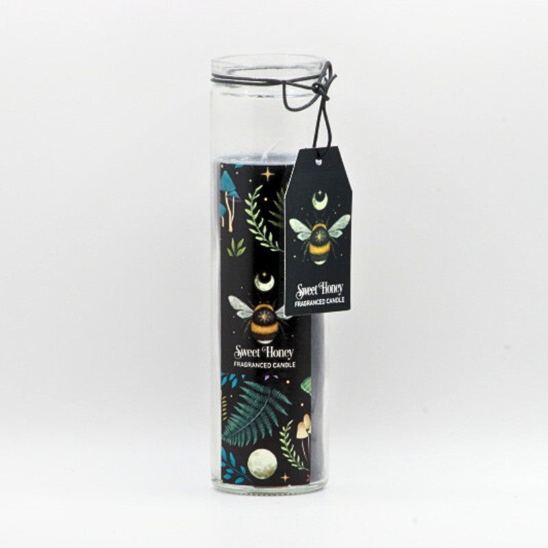candle in glass jar- Bee, mushrooms and ferns design on jar