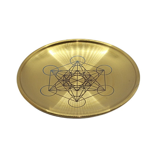 Gold coloured stainless steel plate with engraved Metatron's cube design
