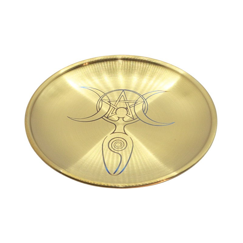 gold coloured altar plate with a spiral triple moon goddess design