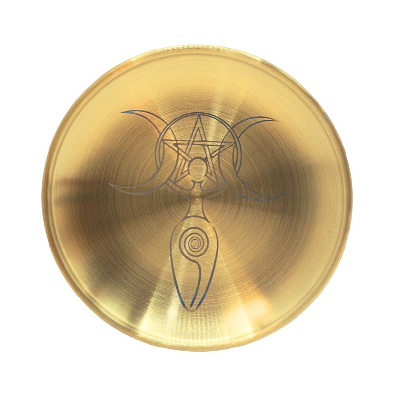 gold coloured altar plate with a spiral triple moon goddess design