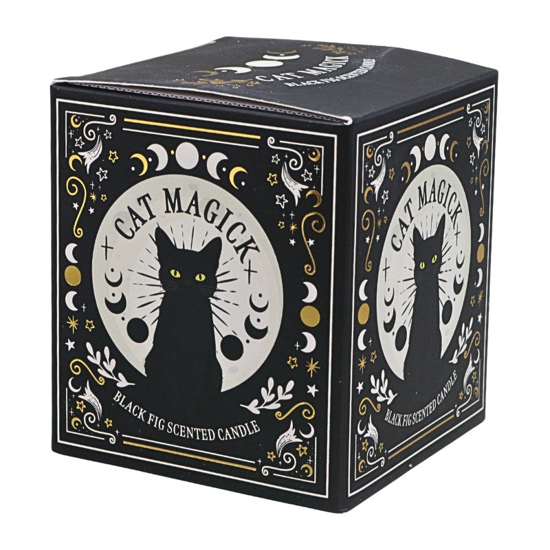 Black candle box with white and gold writing and black cat image