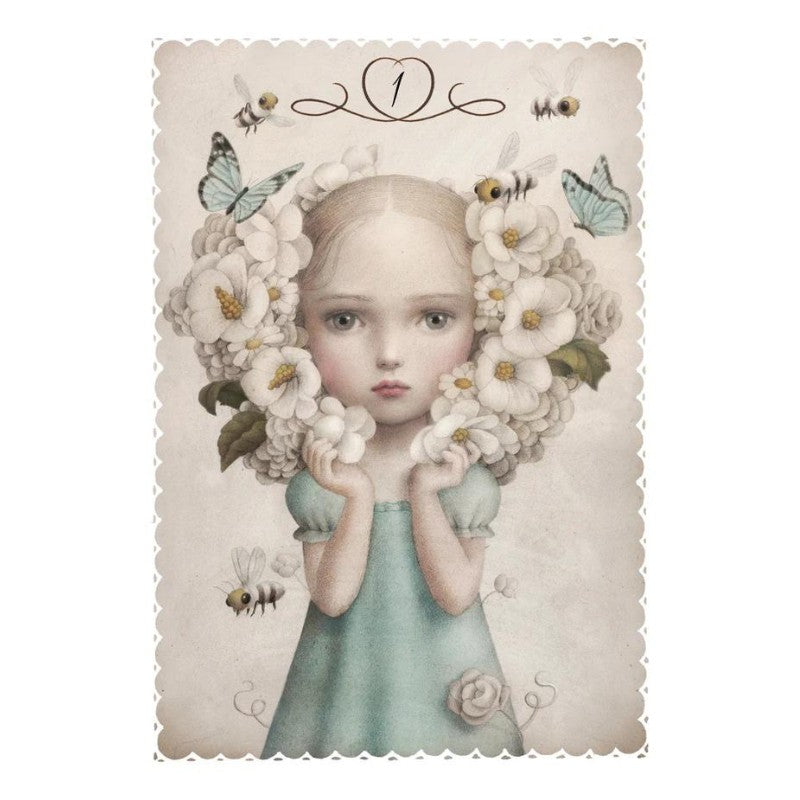 card from the ceccoli oracle deck showing young girl with white flowers, butterflies and bees around her head
