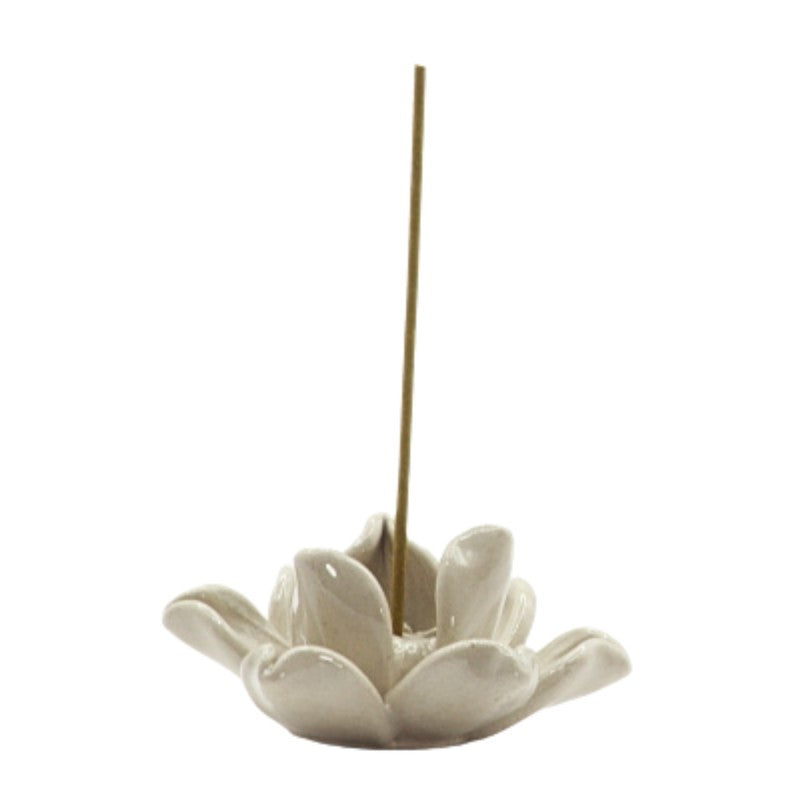 Japanese Incense in a cream ceramic Lotus Incense Stick Holder