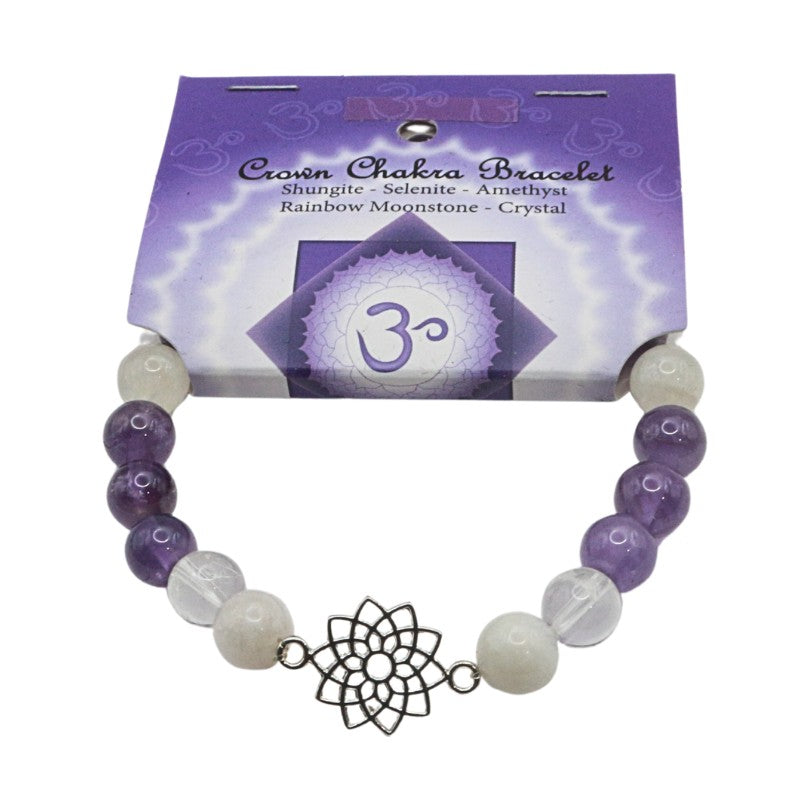Crown Chakra bracelet with packaging on a white background