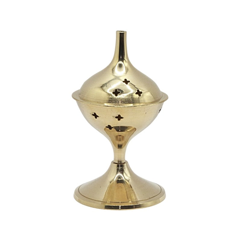 Gold-colored incense burner with decorative top on a white background