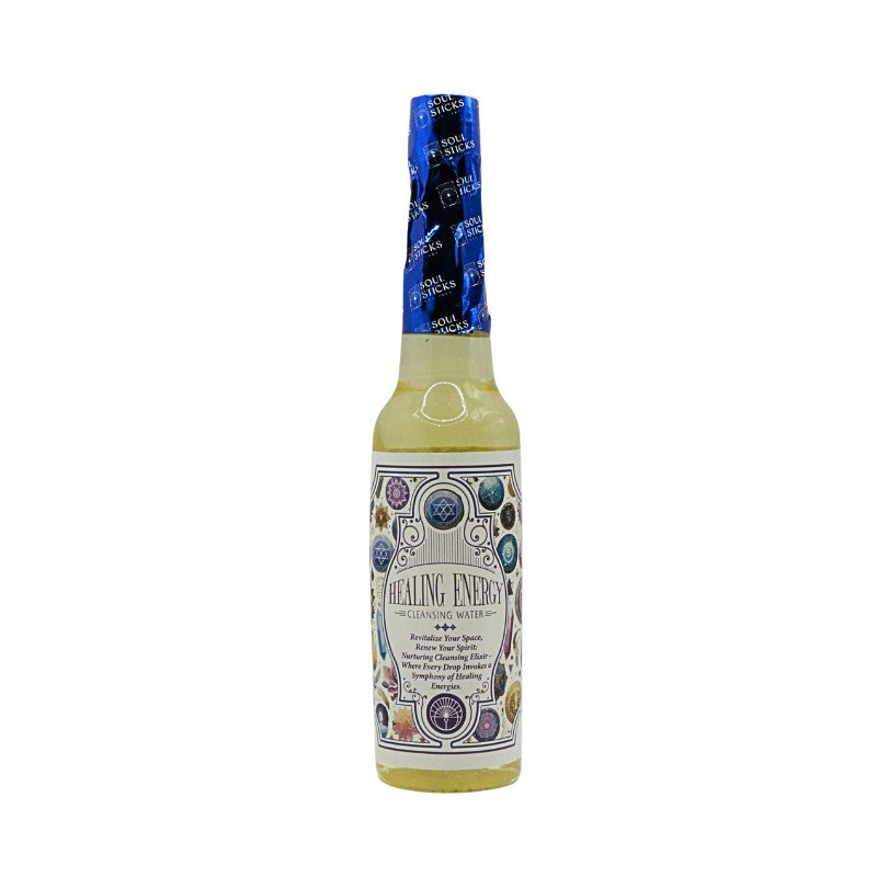 Bottle of 'Healing Energy' with a colorful label on a white background
