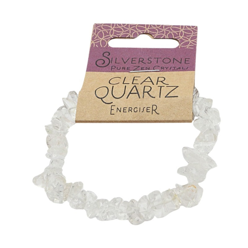 Clear Quartz energiser bracelet with 'Silverstone' packaging on a white background
