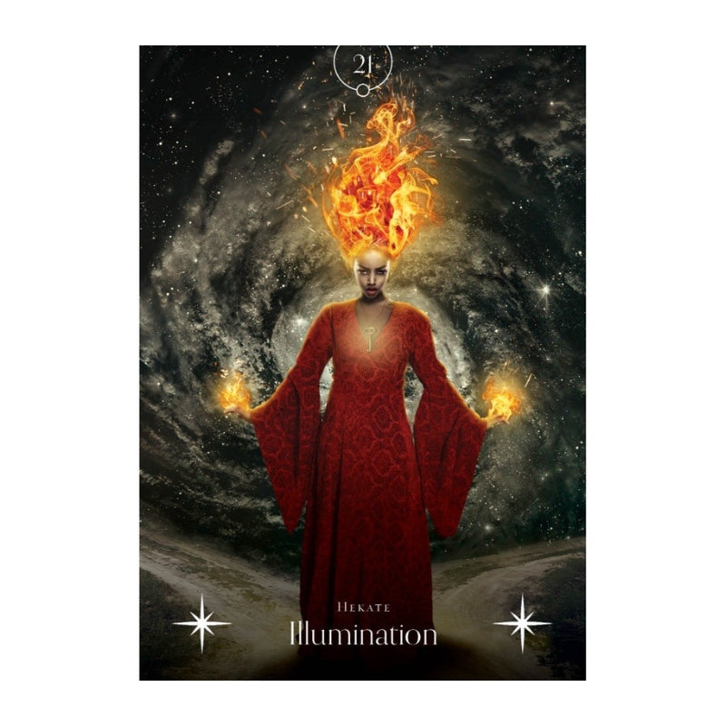 An oracle card titled 'Hekate Illumination' featuring a central figure in a red robe with flames rising from their head and hands, set against a dark cosmic galaxy background.
