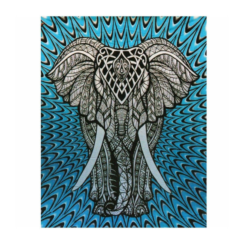 Decorative wall hanging with a stylized elephant design on a blue patterned background