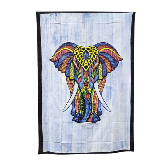 Colorful elephant tapestry with intricate patterns on a white background