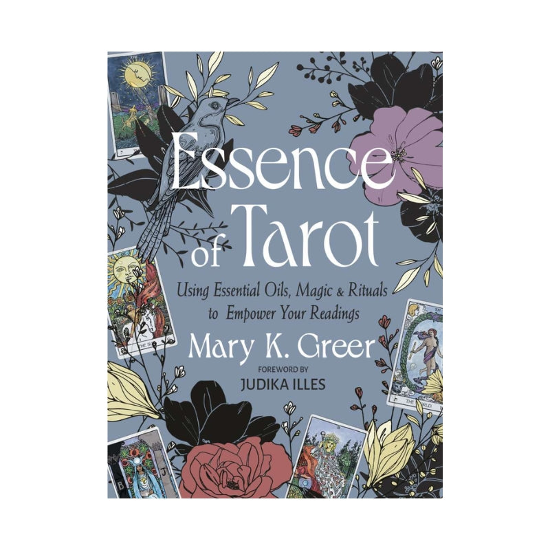 Essence of Tarot book with a blue cover and a floral and tarot card design on a white background