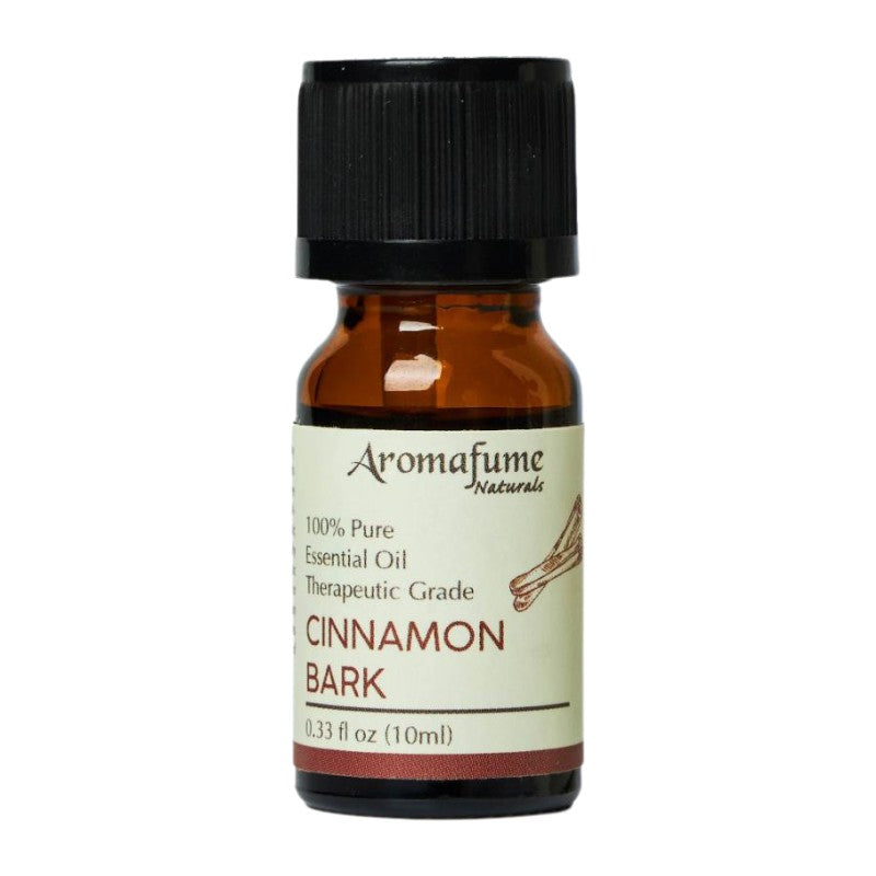 A small amber glass bottle of Aromafume Naturals Cinnamon Bark essential oil with a black cap and cream label, shown on a plain white background.