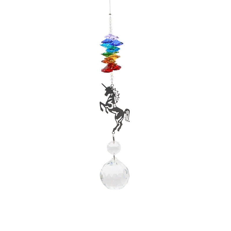 suncatcher featuring a unicorn and a glass ball hanging from multi coloured beads.