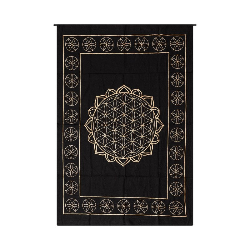 Black altar cloth with gold flower of life geometric design on a white background