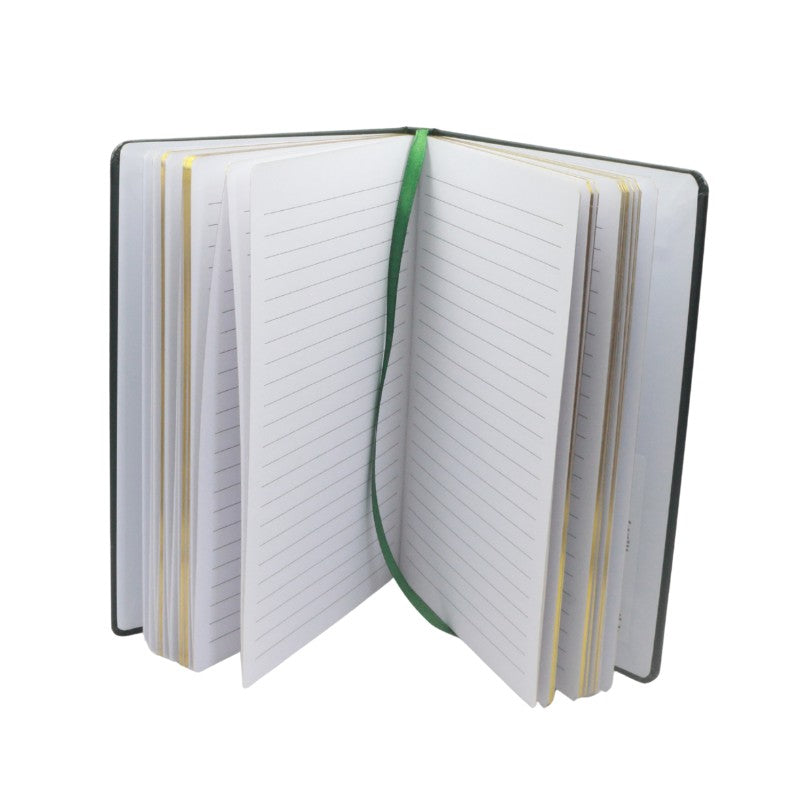 Open notebook with lined pages on a white background