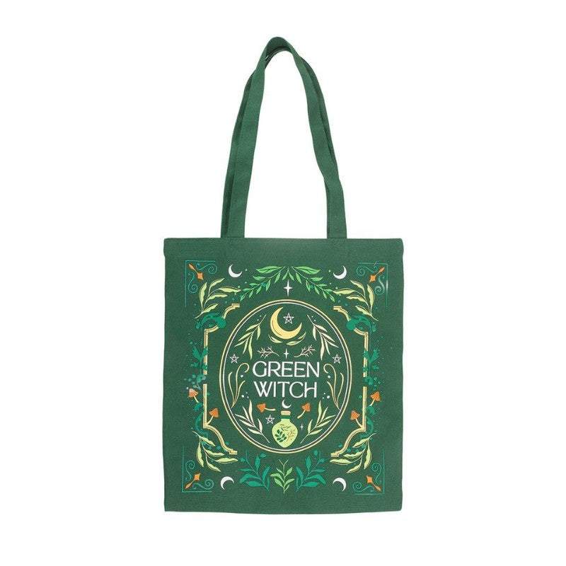 Green tote bag with 'Green Witch' design on a white background